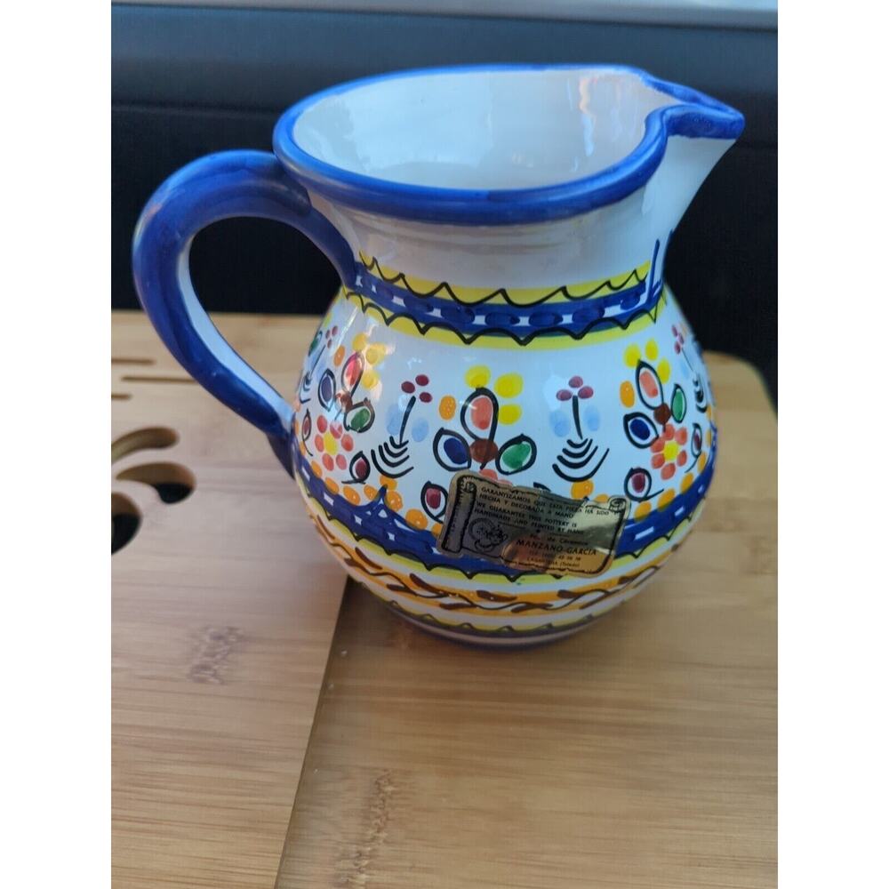 Manzano Garcia Handprinted Pottery Leche (Milk) Pitcher Made in Spain